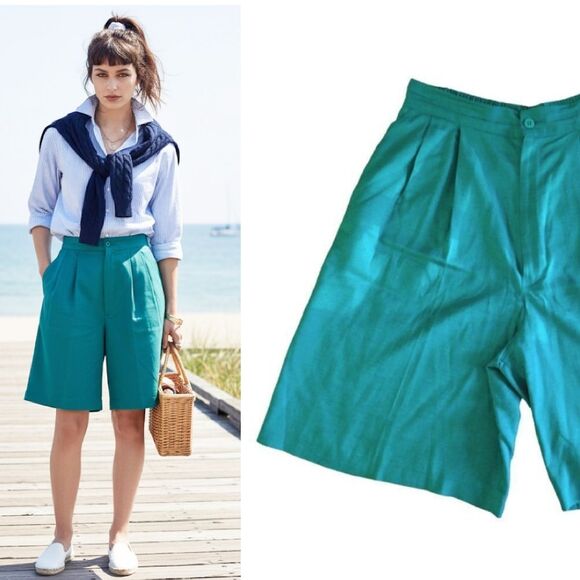 Vintage Pants - VTG Ellen Figg Green Ultra High Rise Linen Blend Bermuda Mom Shorts SZ 10